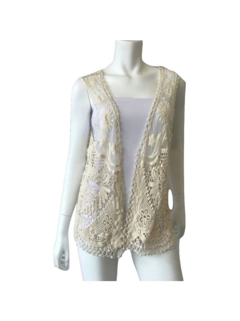 David & Young Ivory Crochet Vest Open Front Boho Style